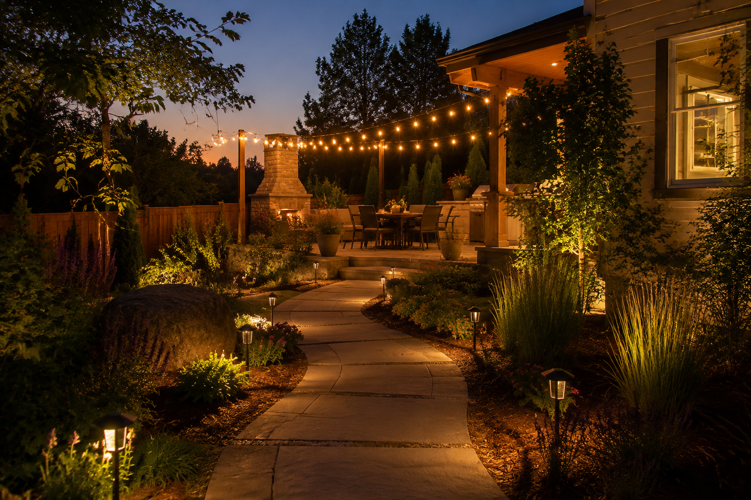 Dusk garden lit by solar pathway lights